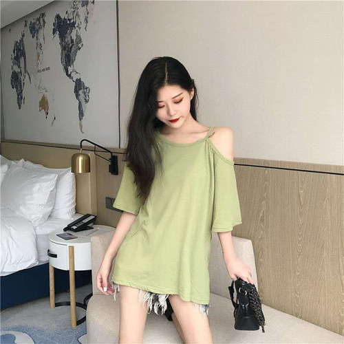 Women's Summer V-Neck T-Shirt with Off-the-Shoulder Design, Loose Fit, Trendy and New Arrival Korean Style T-Shirt with Hidden Details