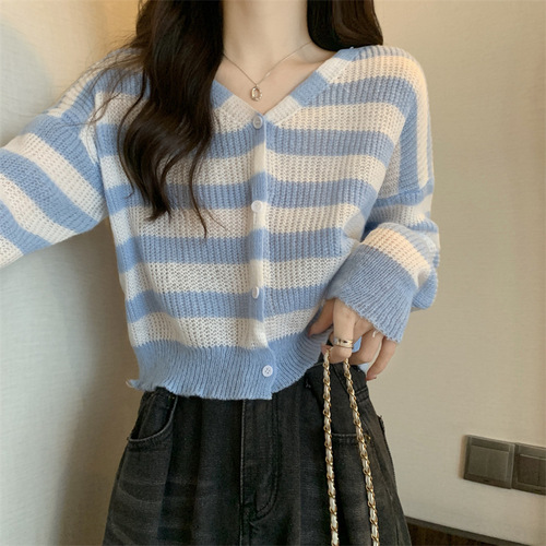 Korean chic autumn small-town lazy style V-neck loose single-breasted buttonhole sheer transparent long-sleeved short-knit sweater for women