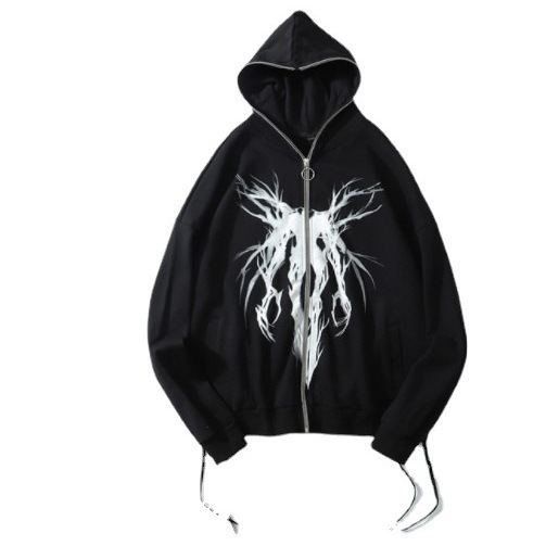 Foreign Trade Harajuku Y2K Autumn Men's and Women's Hooded Dark Style Devil Wings Zipper Print Hoodie Jacket Black