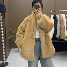 25新款跨境兔毛皮草外套女冬季立领保慵懒风皮毛一体兔毛皮草外套