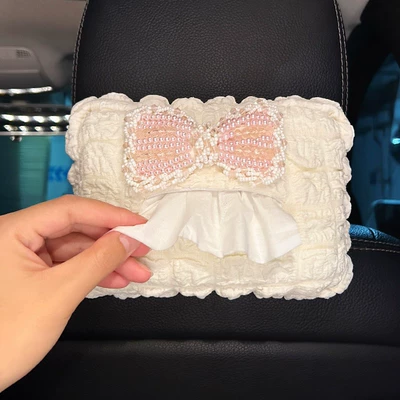 Car tissue box, creative bow-shaped Car tissue box/set - pearl-powder-bow-tissue-bag