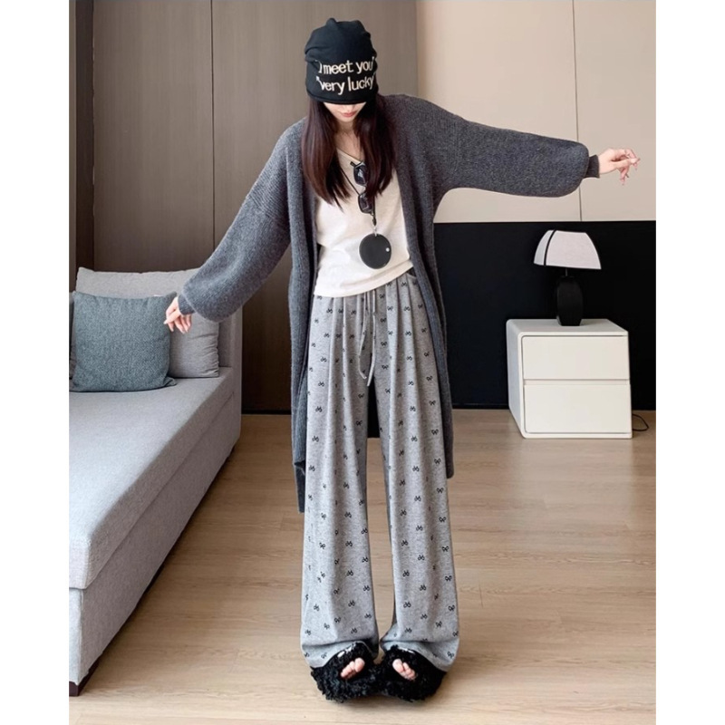 大きいサイズ 150kg グレー蝶結びもち米パンツ女性の春夏薄いドレープストレートレッグ怠惰なカジュアルワイドレッグパンツ|undefined