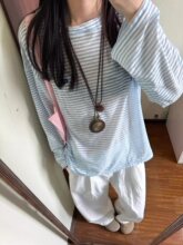 蓝色条纹t恤女长袖上衣早春夏季2025新款宽松慵懒薄款防晒罩衫ins