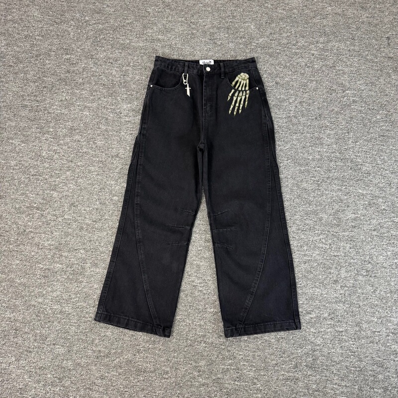 Vescartes Heavy Industry Skull Embroidered Jeans Unisex Loose High Street Wide Leg Black Casual Long Pants Vescartes Heavy Industry Skull Embroidered Jeans Unisex Loose High Street Wide Leg Black Casual Long Pants