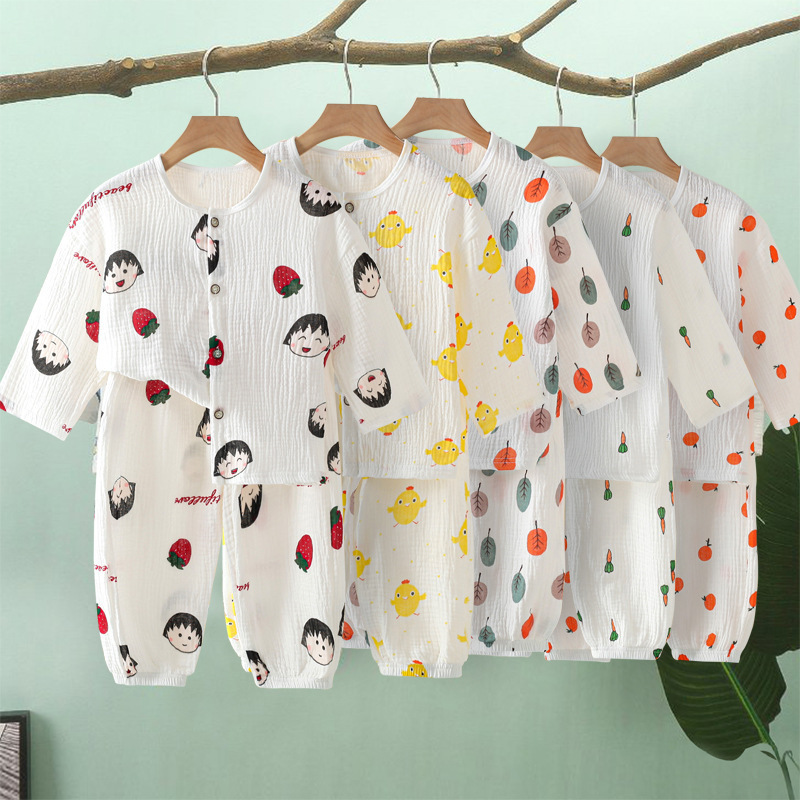 Children's Pajamas and Home Clothes, Double-Layer Cotton Gauze Thin Summer Air-Conditioned Clothing with Three-Quarter Sleeves, Anyang Boys and Girls Pajama Set