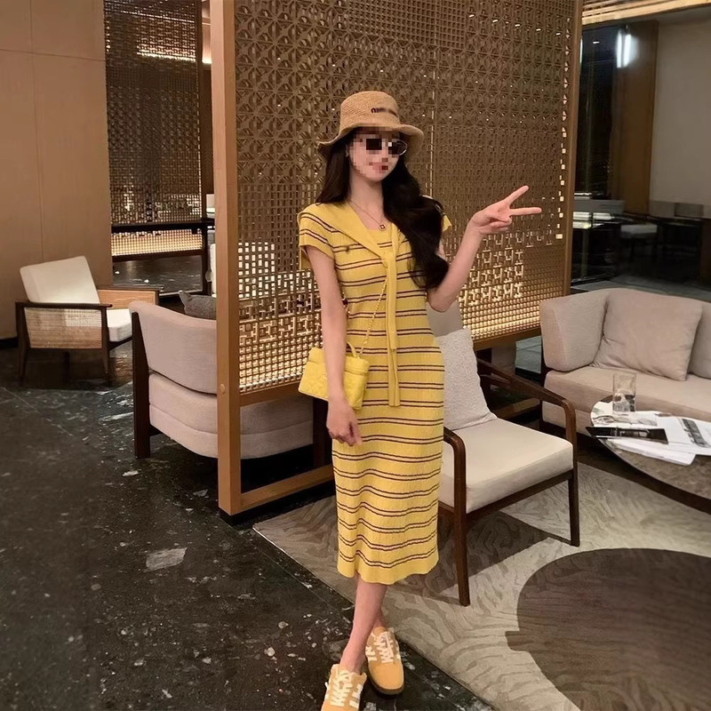 T836 # 2026 Summer New Korean Style Striped Color-Blocking Shawl Round Neck Short-Sleeve Knit Dress Women's T-Shirt Long Dress T836 # 2026 Summer New Korean Style Striped Color-Blocking Shawl Round Neck Short-Sleeve Knit Dress Women's T-Shirt Long Dress