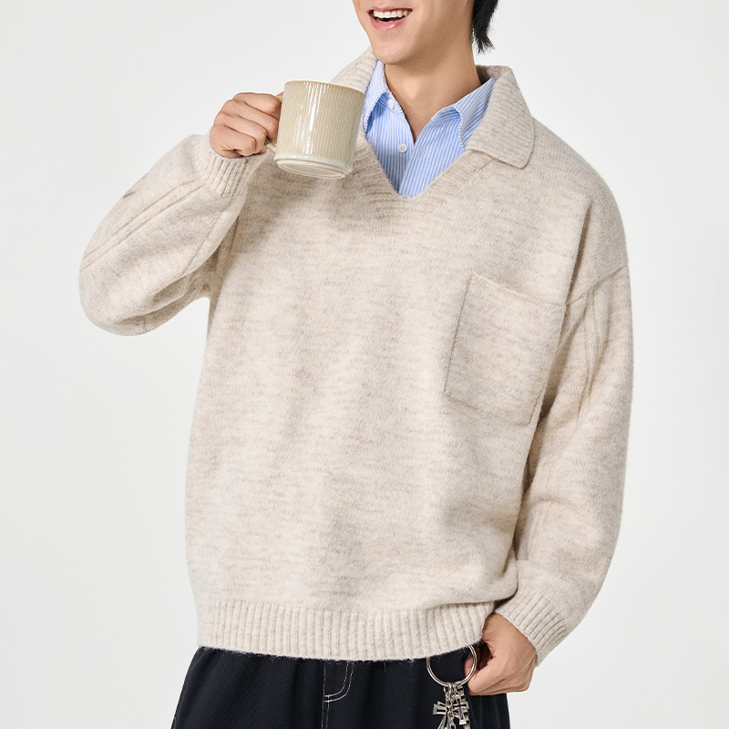 Minimalistische herentrui in Koreaanse stijl – effen gebreide trui met losse revers (zwart/marineblauw/groen/grijs/crème, M-3XL)_voghion.com