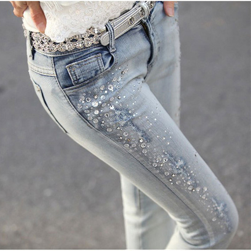 European and American Cross-Border Heavy-Duty Women's Elastic Bootcut Pants Washed Zipper Slim Low-Waist Pants Hot Diamond Ripped Jeans