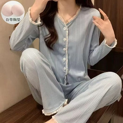 睡衣女春秋款甜美带胸垫宽松套装夏季女士长袖长裤外穿家居服夏季