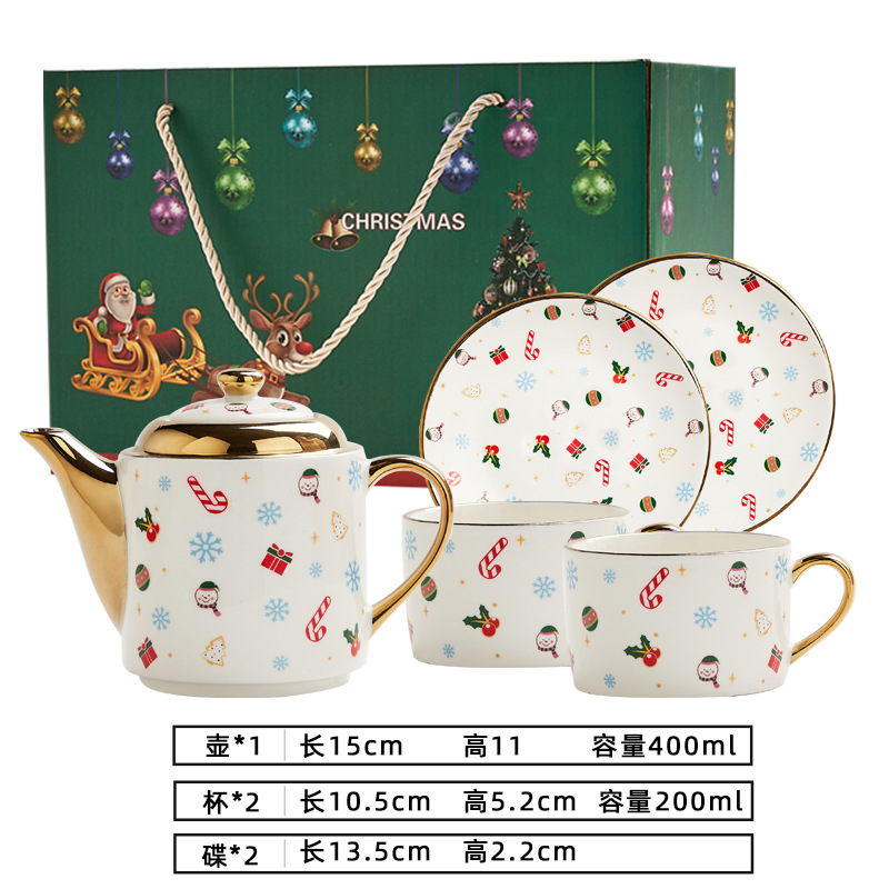 Amazon Venta caliente chapado en oro juego de té de cerámica traje de regalo de Navidad una olla y dos tazas ins taza y platillo logotipo imprimible