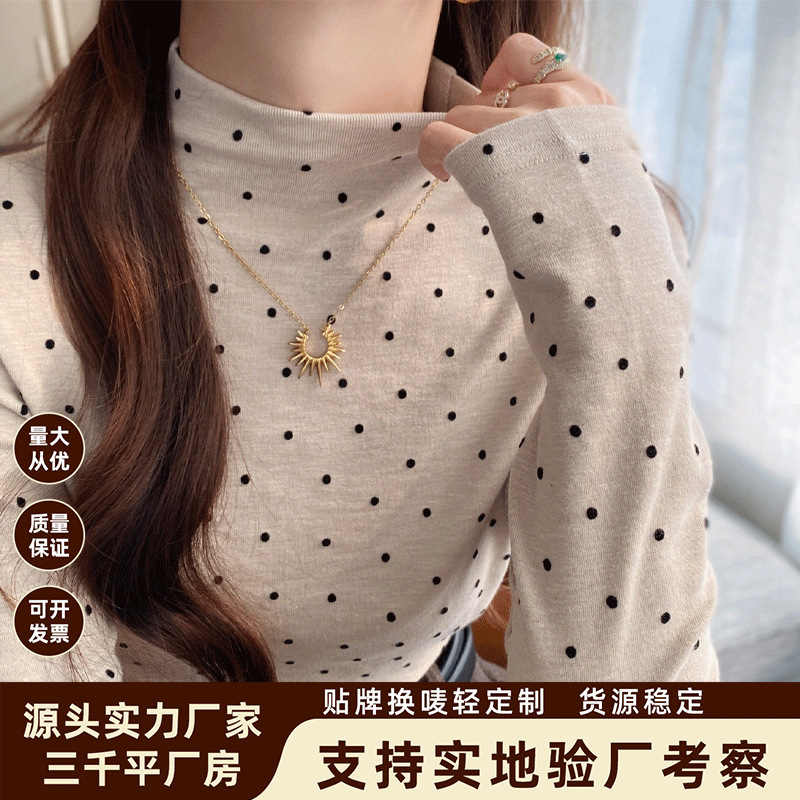 Half-High Collar Fleece-Lined Thickened Stylish Korean-Style Base Shirt for Women, New Winter Long-Sleeve T-Shirt with High-End Polka Dots