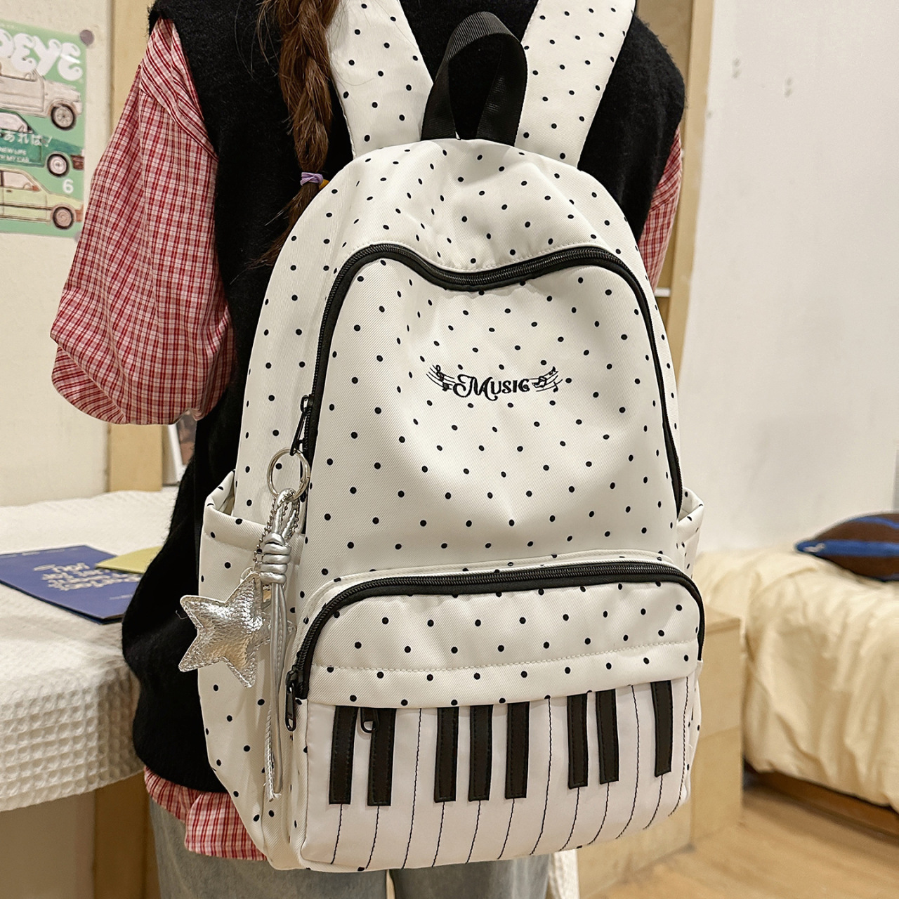 New Fashionable and Versatile Student Schoolbags, Junior and High School Backpacks, Travel Backpacks, Piano Key Polka Dot Backpacks