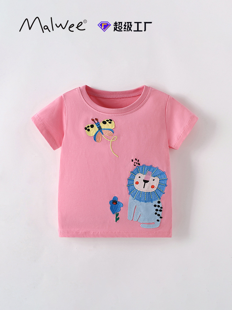 Malwee niñas chaqueta de verano nueva camiseta europea y americana para niños bordados de estilo extranjero de cuello redondo ropa de niños mangas cortas
