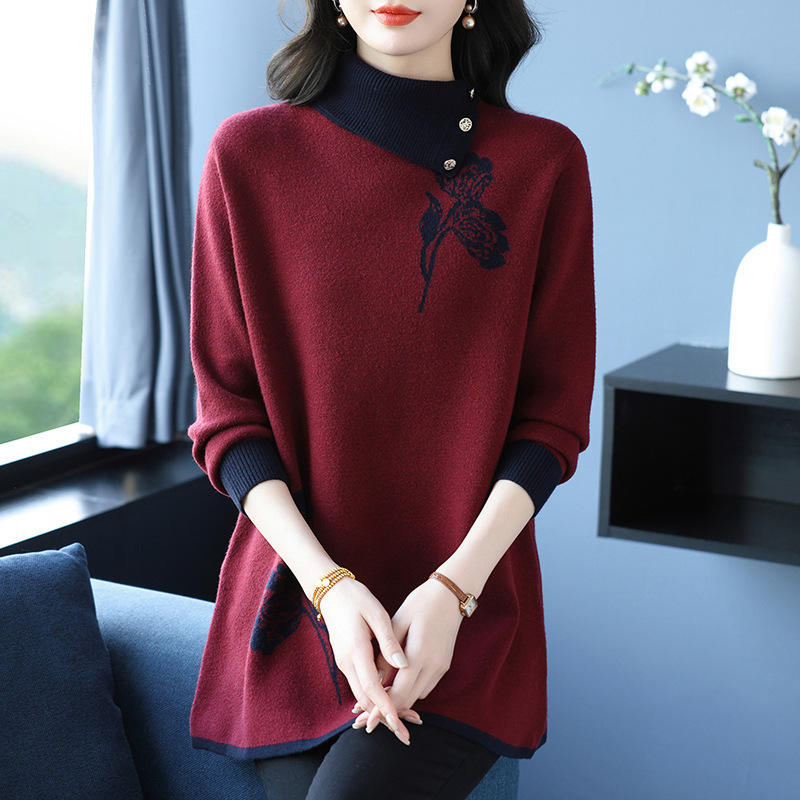 Middle-Aged Mother's Half Turtleneck Sweater Women's Autumn and Winter New Loose Large Size Foreign Style Color Matching Knitted Bottoming Shirt Top