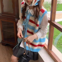 韩系撞色条纹系带针织马甲女2025秋冬叠穿百搭背心上衣配头巾1202