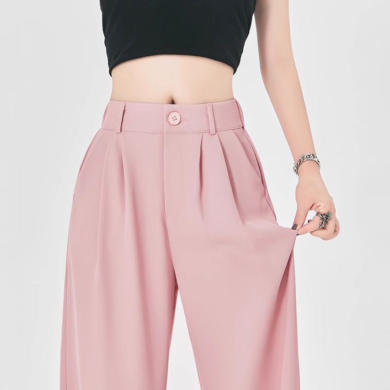 Pantalones de traje gris para mujeres verano delgado 2024 nuevos pantalones casuales de alta sensación, pantalones de piernas anchas de seda de hielo