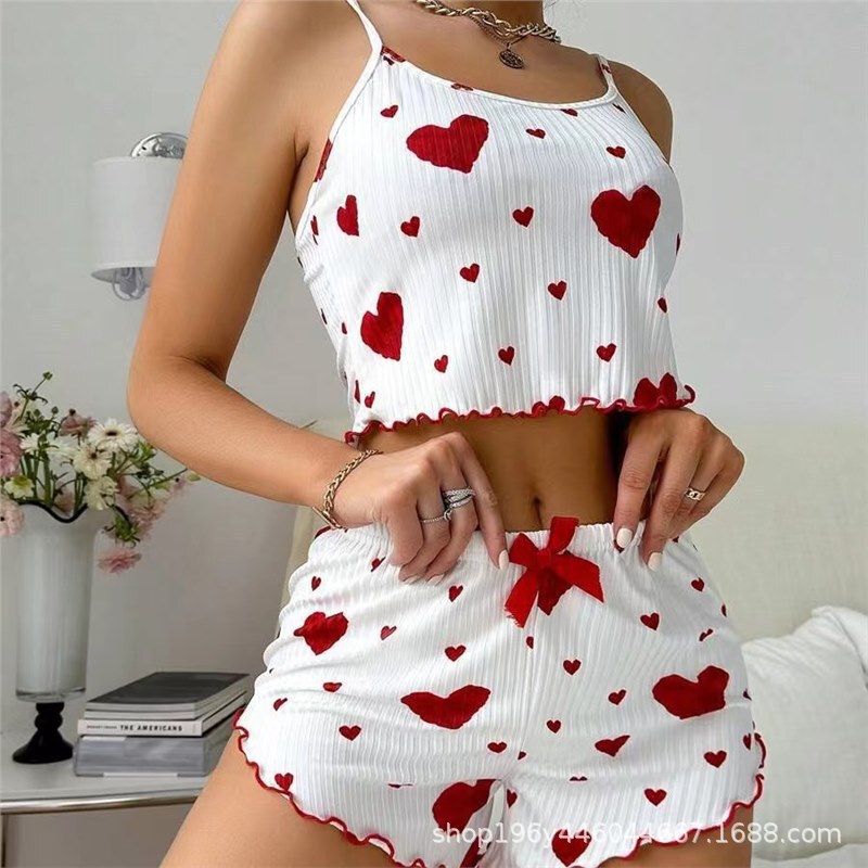 Cross-Border Heart-Printed Pajamas, Thin Sleeveless Tank Top, Cute Home Wear Two-Piece Set for Women