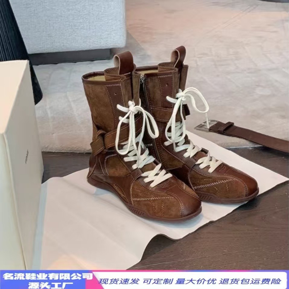 牛皮葡萄妈马丁靴女2025新款秋冬拳击靴系带内增高平底德训靴短靴