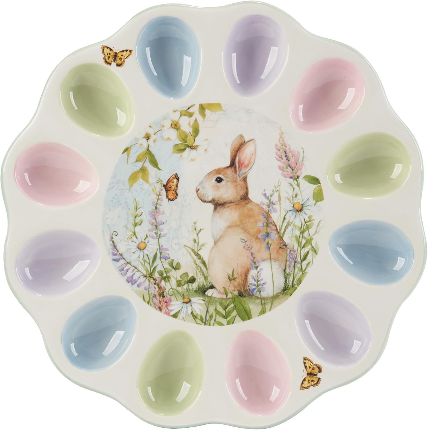 Easter Meadow 12.25inch Ceramic Devil Egg Plate – Whimsical Rabbits and