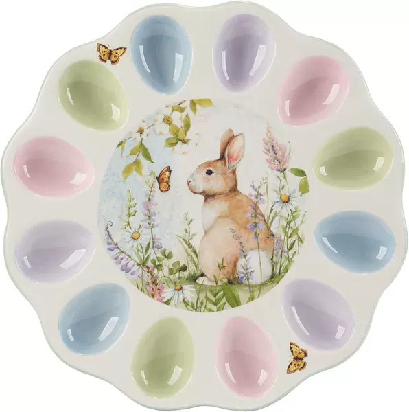 Easter Meadow 12.25inch Ceramic Devil Egg Plate – Whimsical Rabbits and