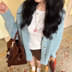 蓝色V领厚款针织开衫女秋冬季新款慵懒风奶fufu宽松外套长袖上衣