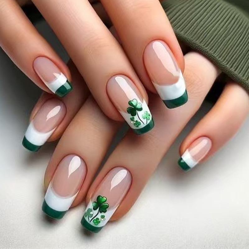 St. Patrick's Day Chinese Green and White French Clover Design Simple Advanced Nail Art Nail Wearing Nail