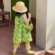 女童夏装气质复古挂脖式宽松小立领绿花连衣裙中国风改良无袖旗袍