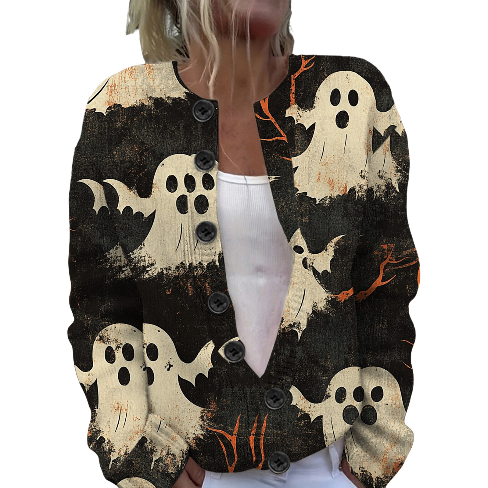 Ll-Yk1 Halloween Cardigan Round Neck Long-Sleeved 3D Printed Sweater European and American Cross-Border Casual Women's Clothing Amazon Theme
