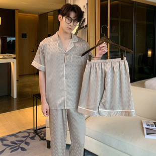 Pajamas Men's Spring and Autumn Short-sleeved Shorts Pants Ice Silk Thin Jacquard Large Size Three-piece Home Suit N396