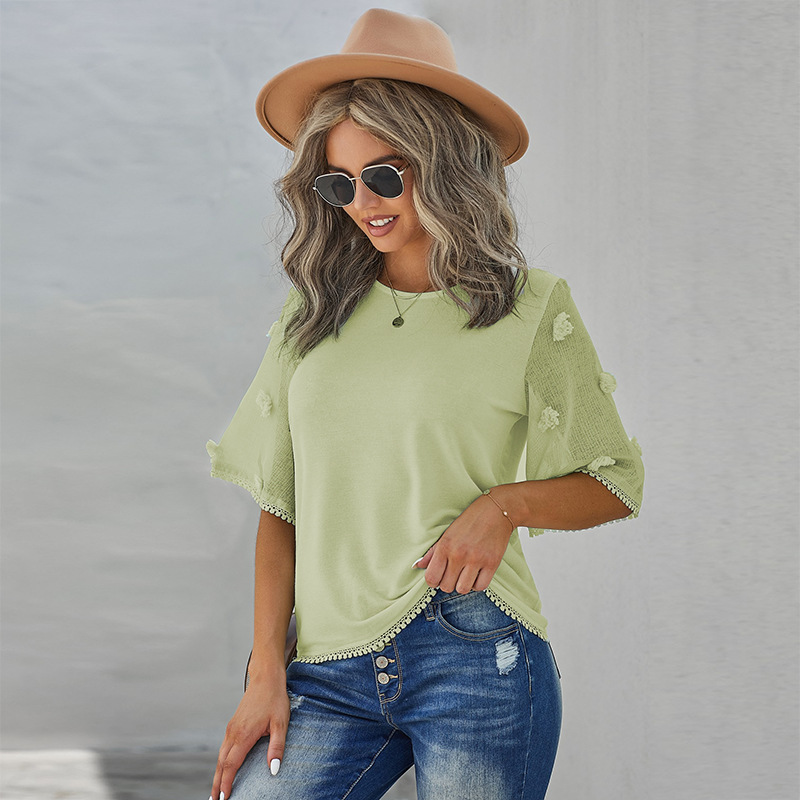 时颖雪纺衫女夏2022欧美亚马逊新款纯色提花喇叭袖上衣女2514518