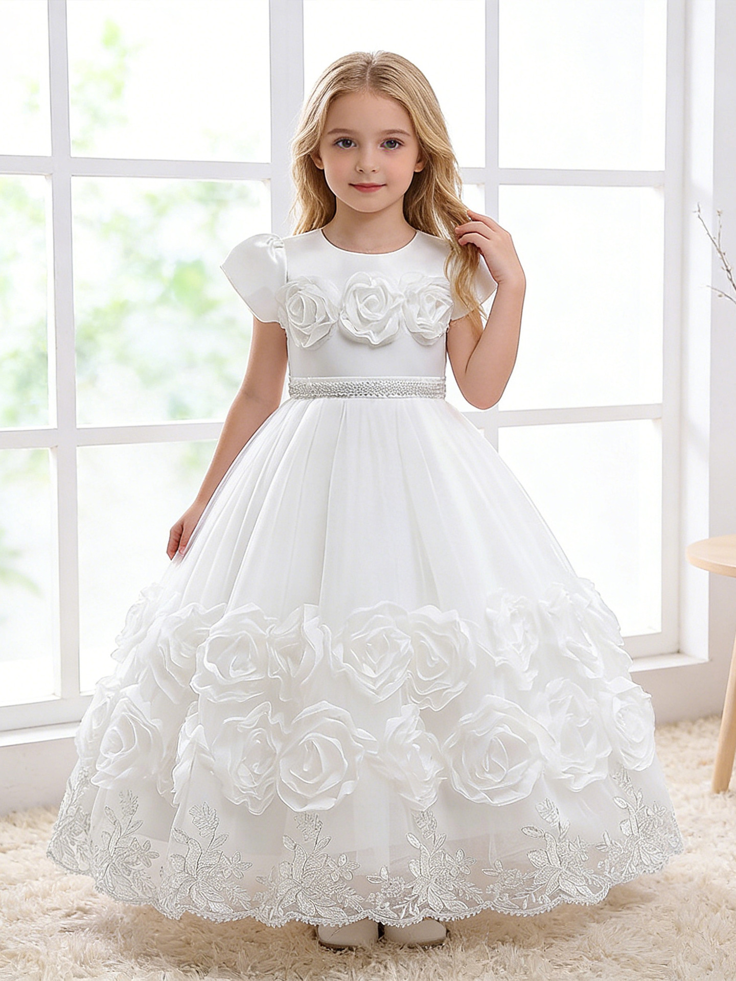 Vestido de los niños de comercio exterior vestido de princesa occidental flor bordada con cuentas pettiskirt anfitrión piano vestido de novia traje