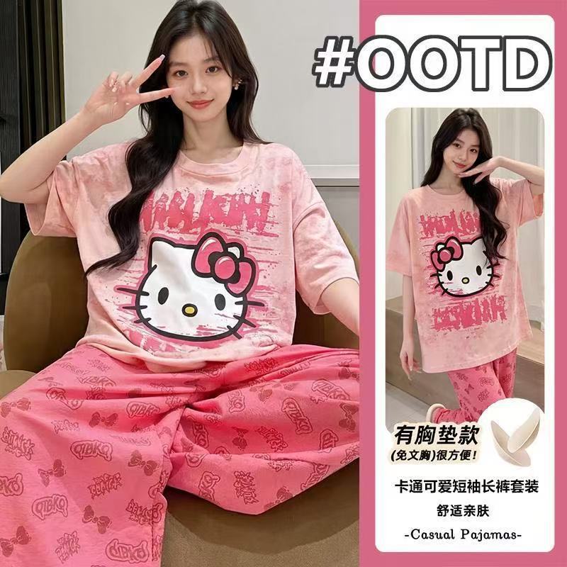 Summer Women's Pajamas with Chest Pads, Short-Sleeved Knitted Cotton, 2026 New Fashion Cartoon Style, Loose-Fitting Home Wear for Ladies