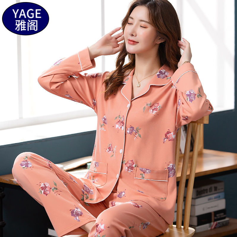 Pijamas de algodón Primavera y otoño de las mujeres chaqueta de manga larga traje de mediana edad y las madres mayores más tamaño al aire libre desgaste del hogar de invierno