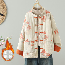 现货秋冬国风复古传统手工缝制盘扣棉袄棉麻印花棉衣棉服冬女夹棉