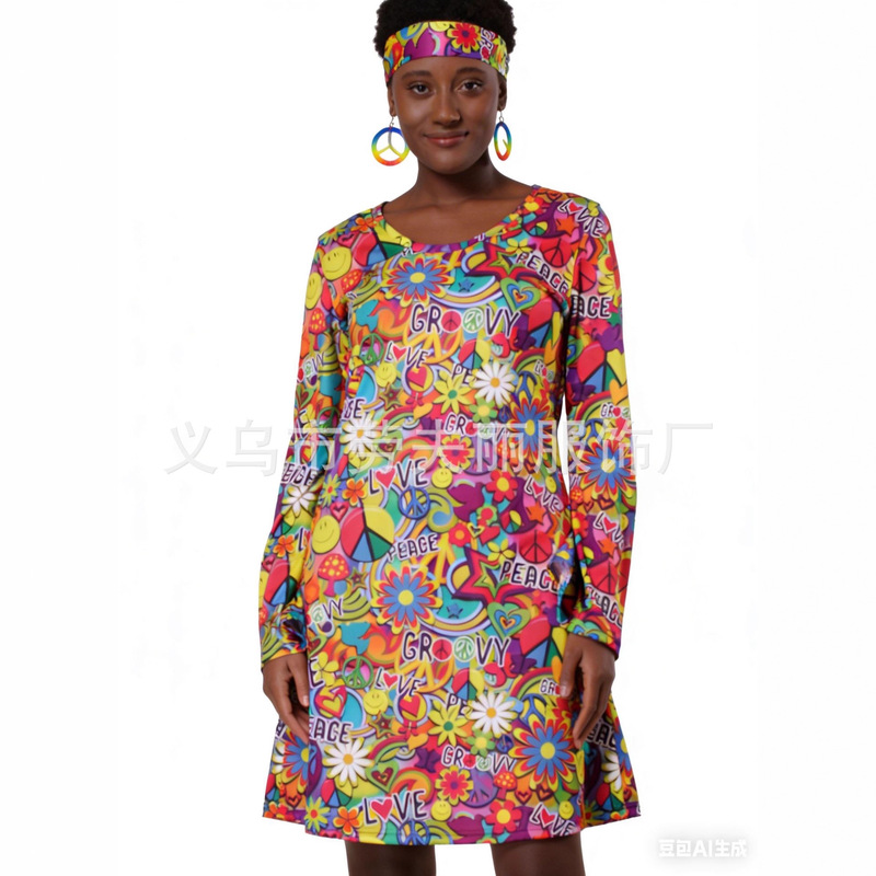 Halloween 2025 European and American Women's Clothing 1970S Hippie Disco Lady Dress with Headscarf Halloween 2025 European and American Women's Clothing 1970S Hippie Disco Lady Dress with Headscarf