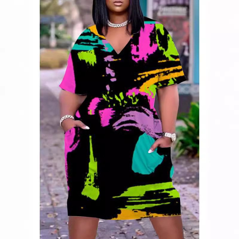2024 Cross-border African Indian Black 3D Digital Printing dress plus size Loose Mid-length V-neck dress