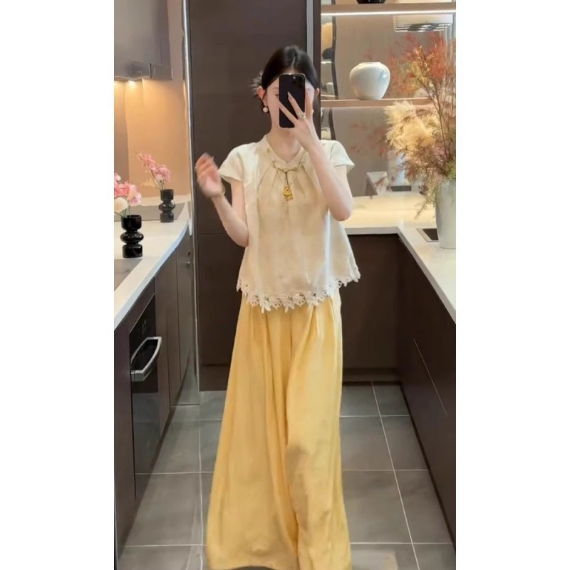 2025年女性用の見事な夏服の完全なセット、プラスサイズの太ったMM、新しい中国風のシフォンシャツ、ワイドレッグパンツスーツ|undefined