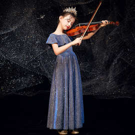 儿童走秀礼服2026新款藏青色细闪星空钢琴演出服女童小提琴演奏服