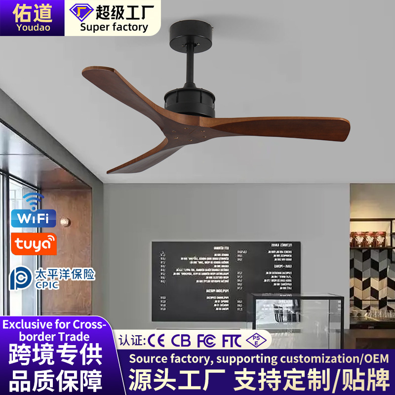 Cross-Border Modern Nordic Solid Wood Ceiling Fan Living Room Bedroom Study Fan Without Light Home American Retro Restaurant Ceiling Fan