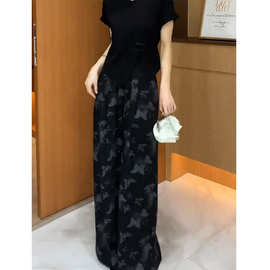 632# 美式复古蝴蝶印花阔腿裤女夏季新款高腰设计感休闲裤子