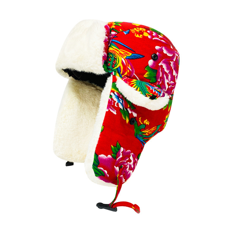 Ethnic Style Northeast Large Floral Cloth Lei Feng Hat Women's Winter Thickened Windproof Ear Protection Cap Internet Popular Fashionable Ski Hat