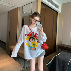 韩系复古白色长袖t恤女秋季设计感小众印花宽松chic港味纯棉上衣