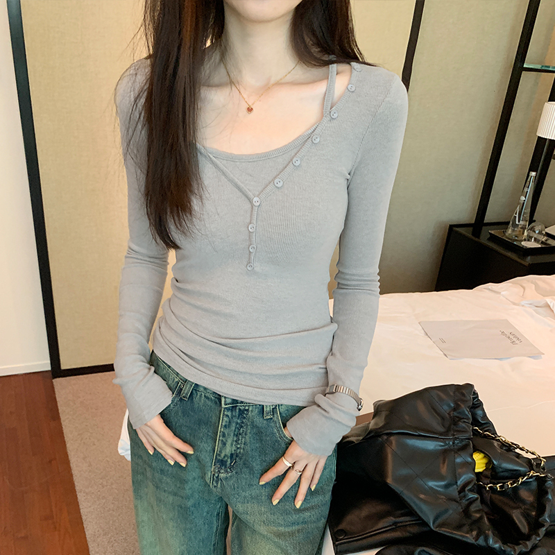 纯欲设计感假两件打底衫女2025春秋新款内搭长袖T恤紧身内搭上衣|undefined