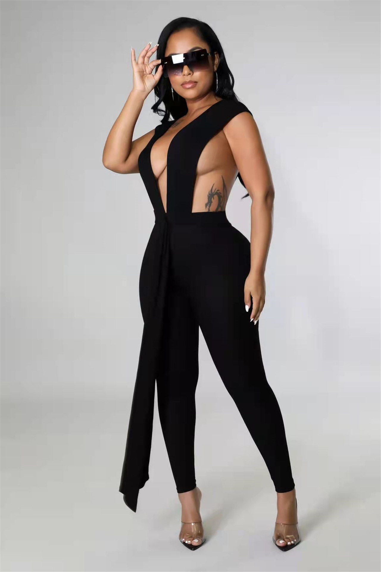 solid color Pit Strip Strap Slim Jumpsuit NSFFE125925