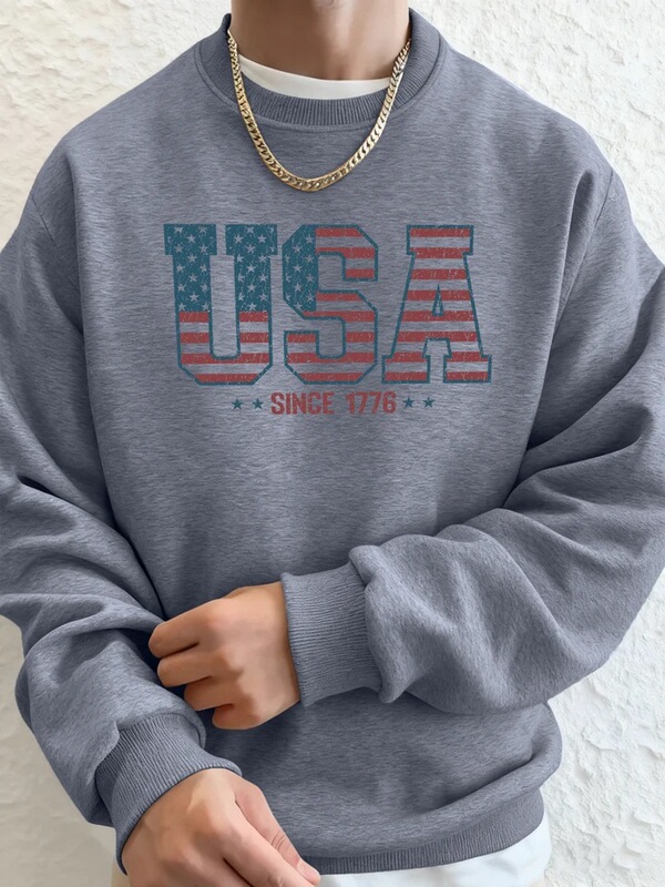Creative American Letter Pattern Men's Sweatshirt with Pockets, Comfortable Street-Style Oversized Pullover Sports Sweatshirt