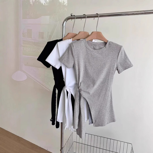 Lady belt solid color short-sleeved T-shirt for women 2025 summer new Korean round neck versatile pullover student top trendy
