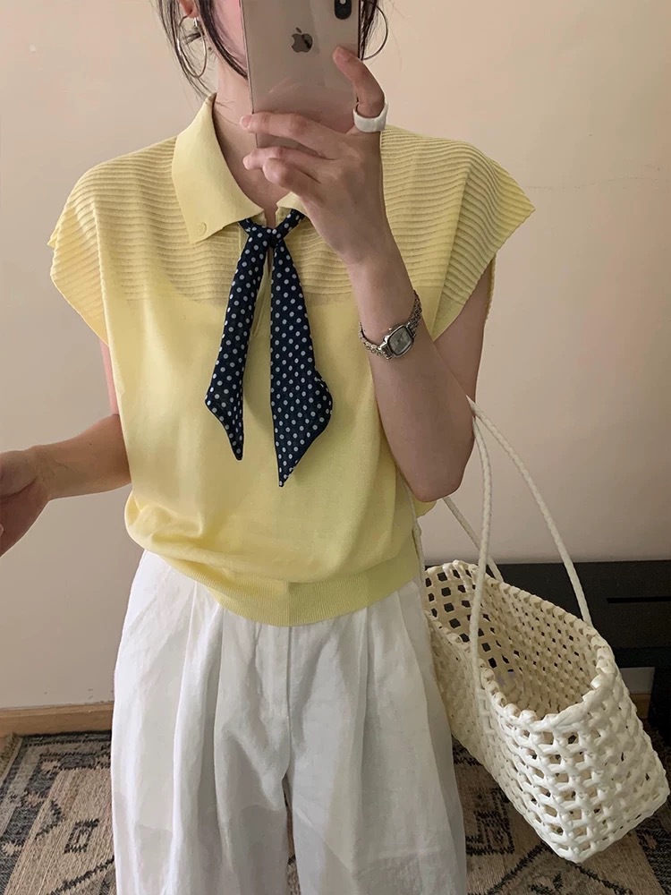 シックなグレーのポロシャツ、ゆったりとした小さなフライングスリーブニット半袖Tシャツ、女性用夏デザイン右肩アイスシルクトップ
