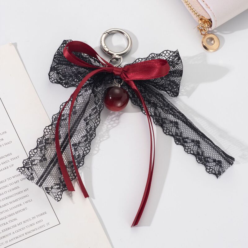 Cross-border New Fashion Sweet Cool Hollow Lace Bow Ribbon Cherry Pendant Keychain Bag Pendant