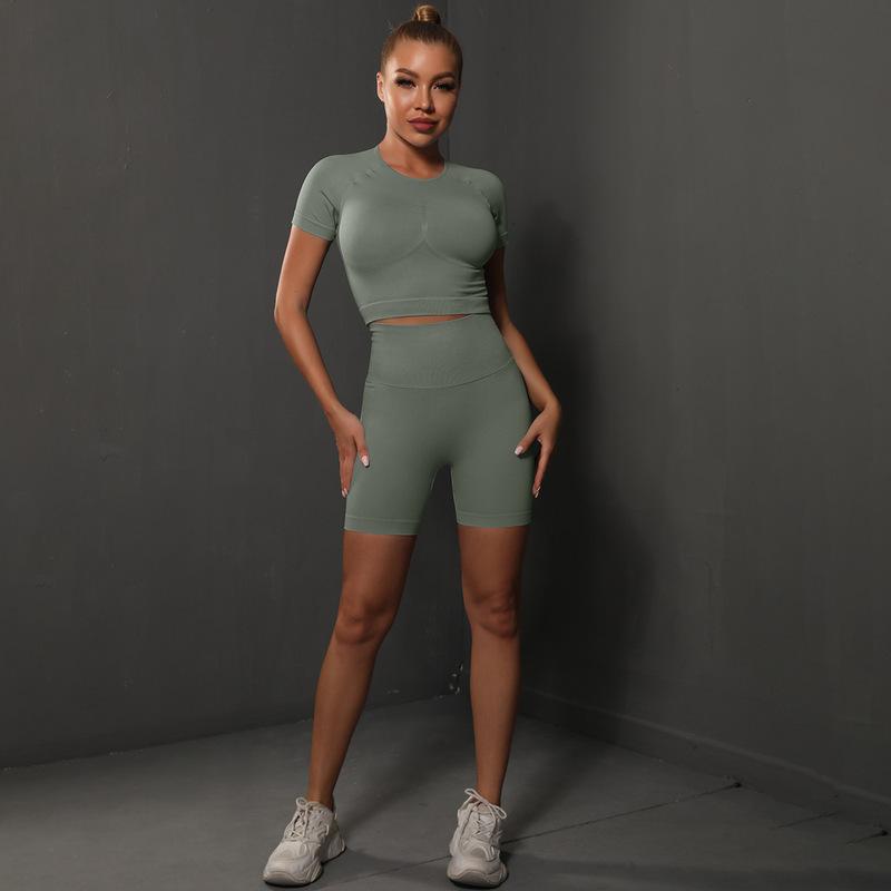 308g Weight Short Sleeve Sleeve Length Nylon, Nylon, Spandex Fabric Type Short Top Length Shorts Suits Pants Type Fitness, Yoga Occasion Round Neck Neckline Solid Color Pattern Sport Style Style Seamless Craft Sport Style Solid Color Nylon Nylon Spandex Round Neck Tracksuit Shorts Suits 80