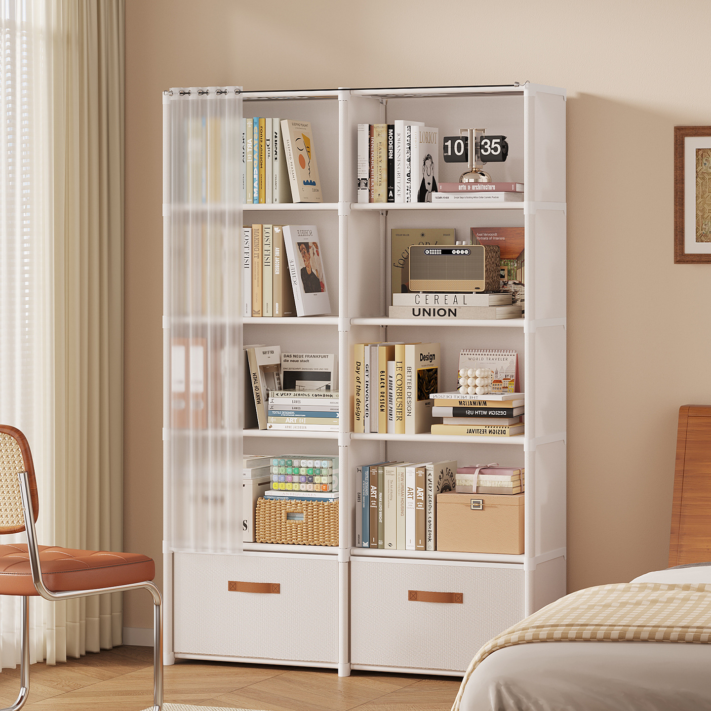 Bookshelf Multi-Layer Floor-Standing Home Bookcase with Door, Dust-Proof, Large Capacity, Space-Saving, Living Room Storage Rack, Book Storage Cabinet